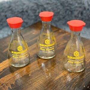 Set of 3 Kikkoman 5oz Glass Soy Sauce Bottles Red Cap Reusable Dispensers Empty